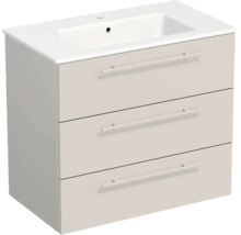 Meuble sous-vasque avec lavabo, trois tiroirs et poignées horizontales.