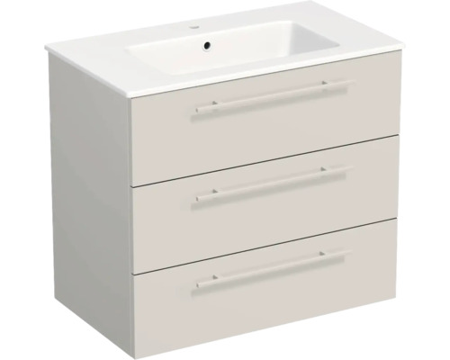 Meuble sous-vasque avec lavabo, trois tiroirs et poignées horizontales.