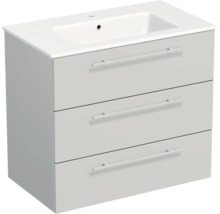 Meuble sous-vasque avec trois tiroirs, poignées et lavabo en céramique blanche.