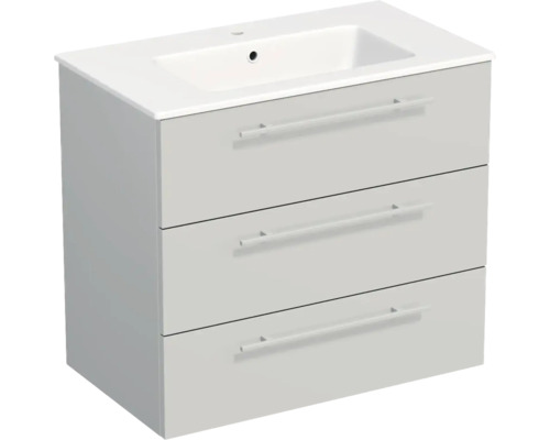 Meuble sous-vasque avec trois tiroirs, poignées et lavabo en céramique blanche.