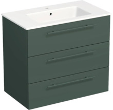 Meuble sous-vasque suspendu en vert foncé avec trois tiroirs et un lavabo en céramique blanc.