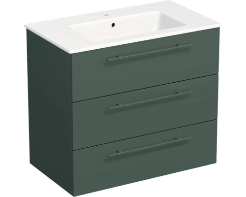 Meuble sous-vasque suspendu en vert foncé avec trois tiroirs et un lavabo en céramique blanc.