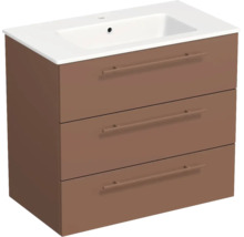 Meuble sous-vasque avec trois tiroirs et vasque blanche intégrée, marron.