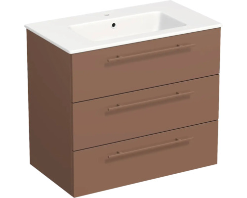Meuble sous-vasque avec trois tiroirs et vasque blanche intégrée, marron.