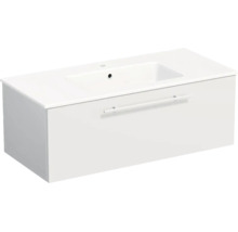 Meuble sous-lavabo suspendu avec un tiroir, comprenant un lavabo rectangulaire en céramique avec trou de robinetterie et trop-plein.