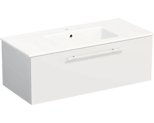 Meuble sous-lavabo suspendu avec un tiroir, comprenant un lavabo rectangulaire en céramique avec trou de robinetterie et trop-plein.