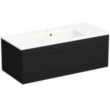 Meuble sous-vasque moderne noir avec un tiroir, poignée barre noire et lavabo blanc.