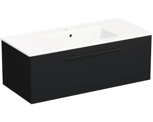 Meuble sous-vasque moderne noir avec un tiroir, poignée barre noire et lavabo blanc.