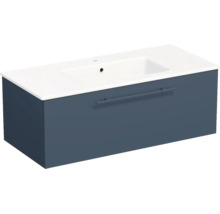 Meuble sous-vasque avec un tiroir, poignée et lavabo en céramique assorti.