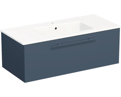 Meuble sous-vasque avec un tiroir, poignée et lavabo en céramique assorti.