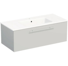 Meuble sous-vasque gris clair avec un tiroir et lavabo en céramique blanc. Design rectangulaire avec une longue poignée horizontale.