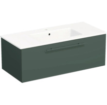 Meuble sous-vasque avec lavabo blanc, un tiroir avec poignée barre, montage mural, vert foncé.