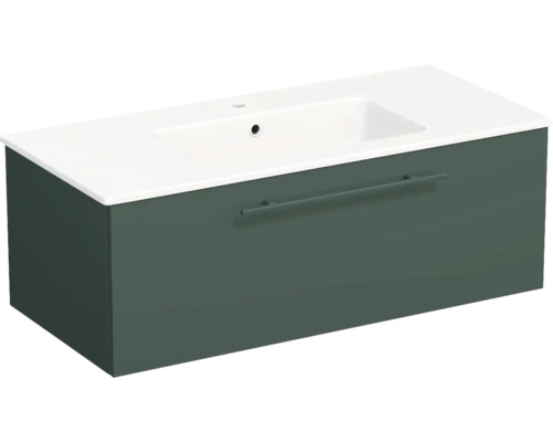 Meuble sous-vasque avec lavabo blanc, un tiroir avec poignée barre, montage mural, vert foncé.
