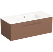 Meuble sous-vasque à un tiroir marron et vasque blanche intégrée.