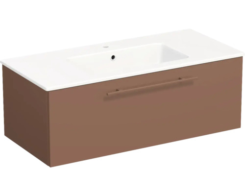 Meuble sous-vasque à un tiroir marron et vasque blanche intégrée.