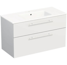 Meuble sous-vasque avec deux tiroirs et lavabo intégré, blanc.