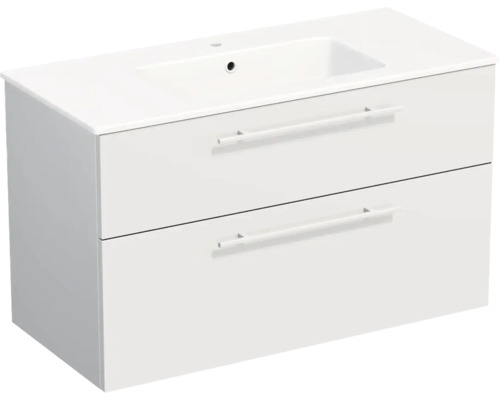 Meuble sous-vasque avec deux tiroirs et lavabo intégré, blanc.