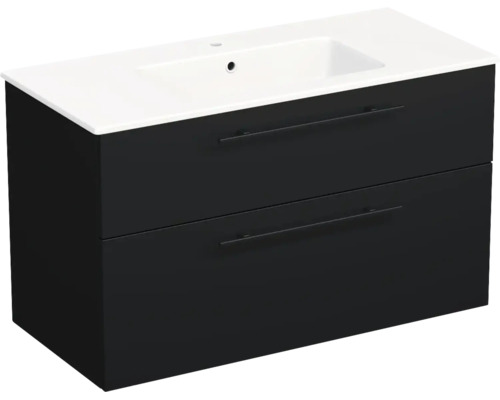 Meuble sous-lavabo mural noir avec deux tiroirs et un lavabo blanc.