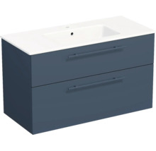 Meuble sous-vasque bleu avec deux tiroirs et lavabo blanc.