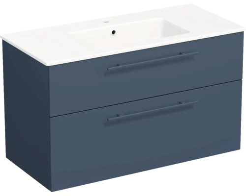 Meuble sous-vasque bleu avec deux tiroirs et lavabo blanc.