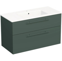 Meuble sous-vasque vert foncé avec deux tiroirs et vasque blanche intégrée.