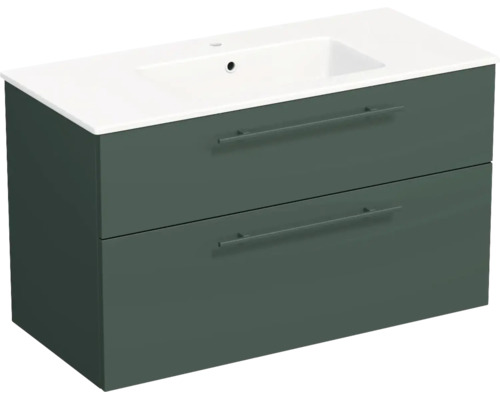 Meuble sous-vasque vert foncé avec deux tiroirs et vasque blanche intégrée.
