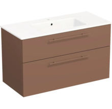 Meuble sous-vasque marron avec deux tiroirs, poignées et lavabo blanc.