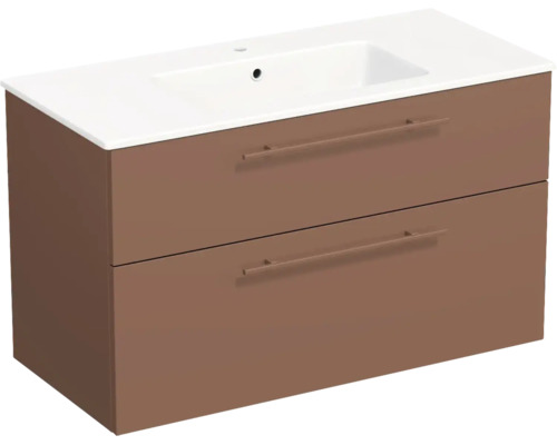 Meuble sous-vasque marron avec deux tiroirs, poignées et lavabo blanc.