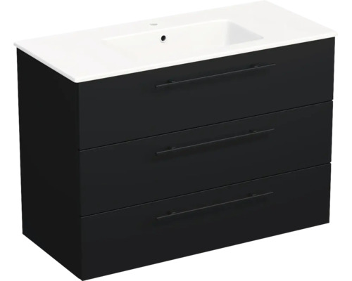 Meuble sous-vasque noir avec trois tiroirs et vasque intégrée blanche.