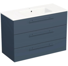 Meuble sous-vasque avec trois tiroirs et vasque intégrée, suspendu, bleu et blanc.