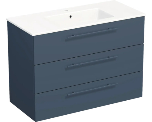 Meuble sous-vasque avec trois tiroirs et vasque intégrée, suspendu, bleu et blanc.