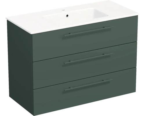 Meuble sous-vasque vert foncé avec trois tiroirs et vasque en céramique blanche.