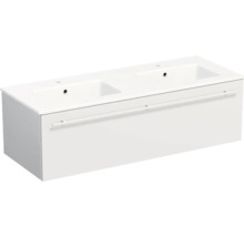 Double lavabo blanc avec meuble sous-vasque, deux vasques rectangulaires, un large tiroir avec poignée barre, suspendu.