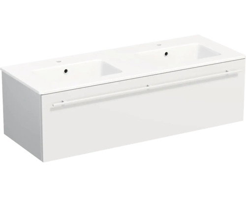 Double lavabo blanc avec meuble sous-vasque, deux vasques rectangulaires, un large tiroir avec poignée barre, suspendu.