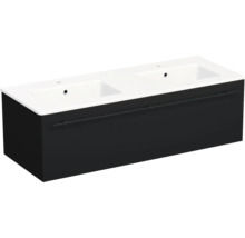 Double vasque blanche avec meuble sous-vasque noir, un tiroir avec poignée profilée.