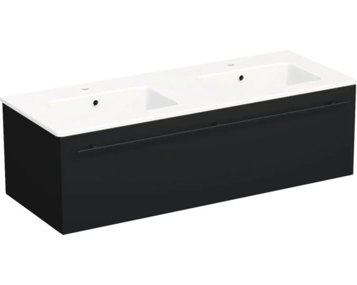 Double vasque blanche avec meuble sous-vasque noir, un tiroir avec poignée profilée.