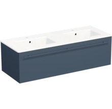 Meuble sous-vasque double avec deux lavabos, façade bleu mat, large poignée.