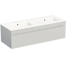 Double vasque avec lavabo double blanc et meuble sous-vasque gris clair avec un grand tiroir et une poignée barre.