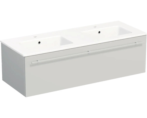Double vasque avec lavabo double blanc et meuble sous-vasque gris clair avec un grand tiroir et une poignée barre.
