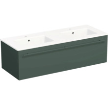 Double lavabo vert foncé avec meuble sous-vasque, un tiroir avec poignée et deux vasques intégrées.
