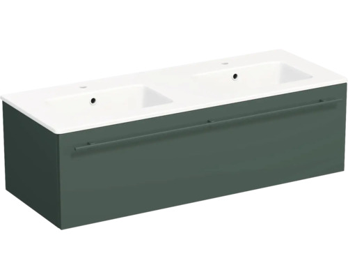Double lavabo vert foncé avec meuble sous-vasque, un tiroir avec poignée et deux vasques intégrées.