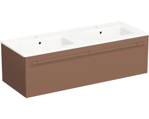 Meuble sous-vasque suspendu avec double vasque blanche et meuble marron avec une longue poignée.
