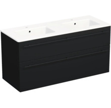 Meuble sous-vasque double avec deux tiroirs, corps noir et double vasque blanche.