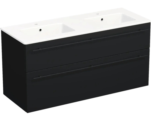 Meuble sous-vasque double avec deux tiroirs, corps noir et double vasque blanche.