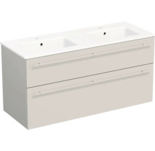 Meuble sous-vasque double beige clair avec deux tiroirs à poignées barres et double vasque blanche.