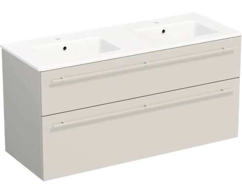 Meuble sous-vasque double beige clair avec deux tiroirs à poignées barres et double vasque blanche.