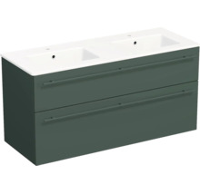 Meuble double vasque avec zwei tiroirs et deux lavabos en céramique blanche, vert foncé.