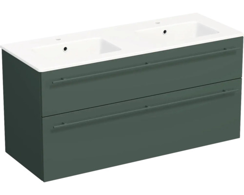 Meuble double vasque avec zwei tiroirs et deux lavabos en céramique blanche, vert foncé.