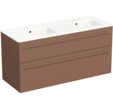 Double vasque avec meuble sous-vasque et deux tiroirs avec de longues poignées.