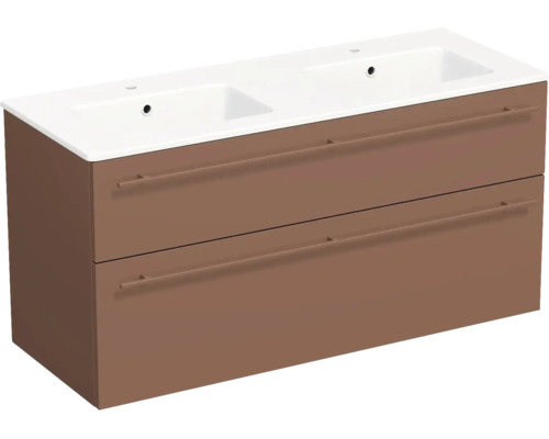 Double vasque avec meuble sous-vasque et deux tiroirs avec de longues poignées.